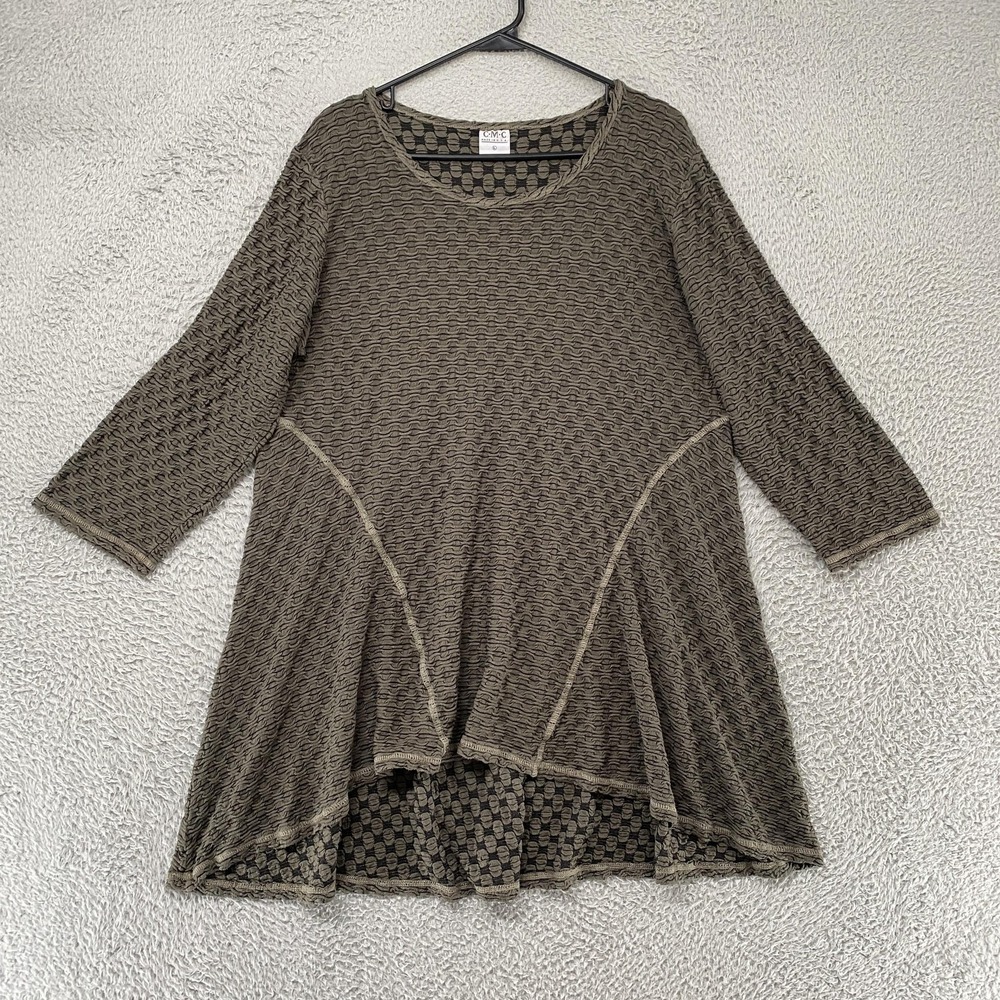 CMC Textured Tunic Top Womens Large 3/4 Sleeve Lagenlook Green Artsy USA Made‎
